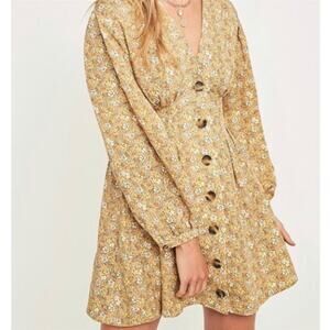 Free People Portobello Dress Mustard Yellow Linen Blend Twill Floral Dress | 4